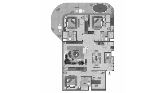 Планировка квартиры 3 спальни в ЖК ARYA Residences № 11011 (2D)
