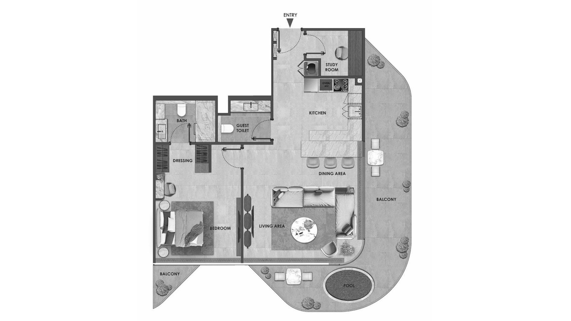 Apartment floor plan, 1 bedroom in ARYA Residences No. 11008