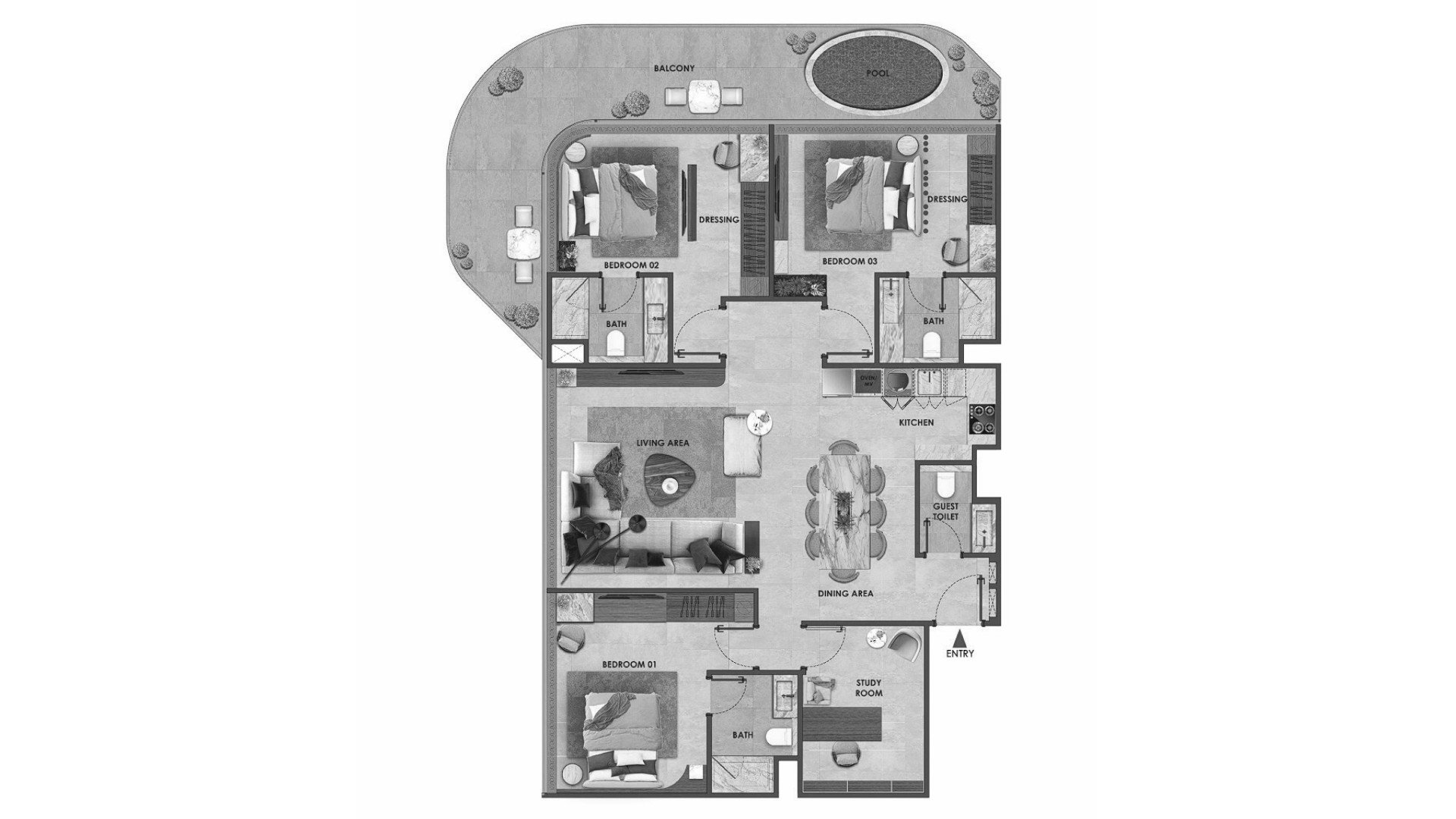 Apartment floor plan, 3 bedrooms in ARYA Residences No. 11011