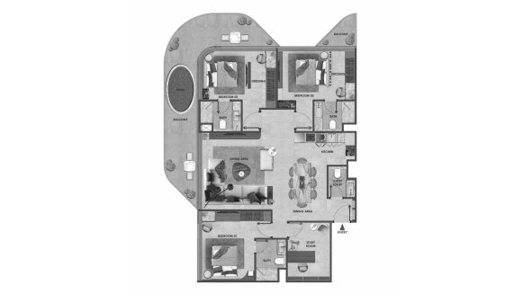 Apartment floor plan, 3 bedrooms in ARYA Residences No. 11012 (2D)